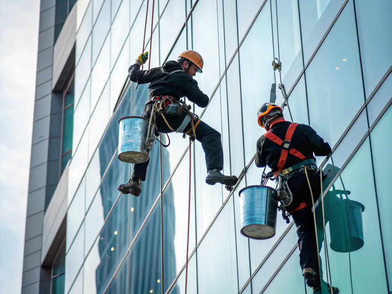 Technicians performing maintenance on a building’s façade glazing system.