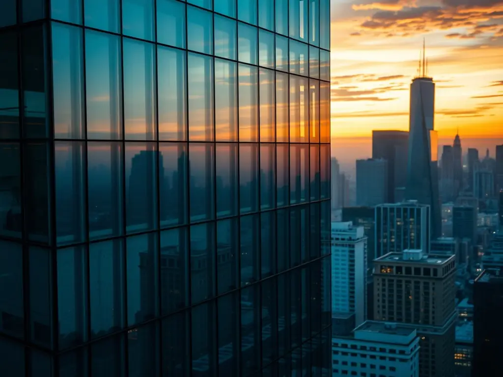 A modern commercial building featuring a sleek glass curtain wall system, reflecting the sky and surrounding cityscape. The image emphasizes the building's modern aesthetic and energy efficiency.