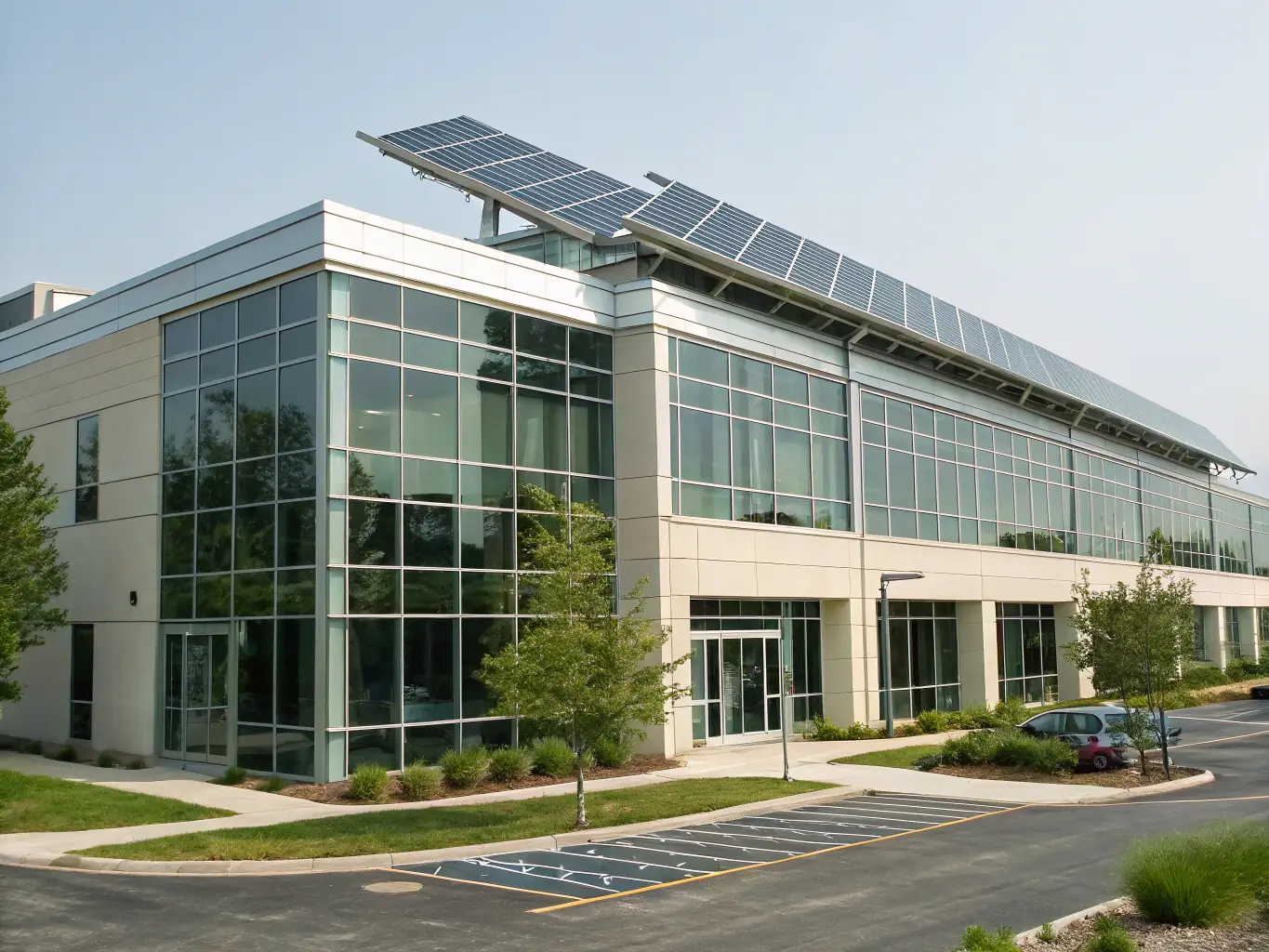 A residential building featuring modern windows and doors, with an emphasis on energy efficiency and aesthetic appeal. The image showcases the clean lines and high-quality materials used in the glazing systems.