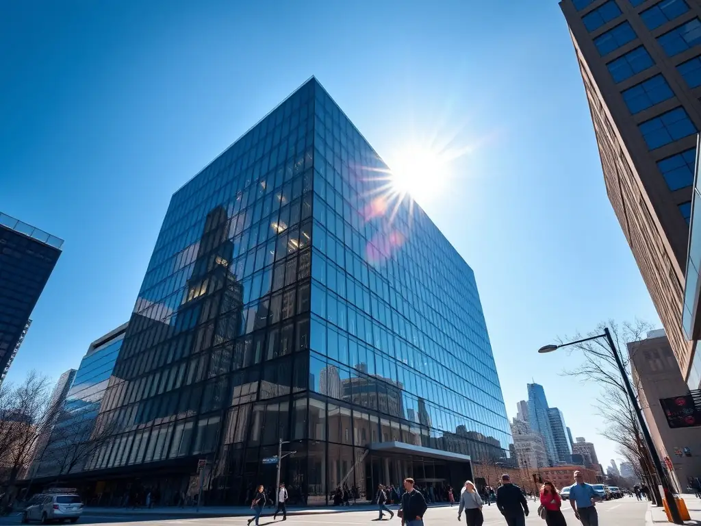 A modern office building featuring a large sliding glass door system, showcasing its seamless integration with the building's facade and its ability to provide natural light and ventilation.