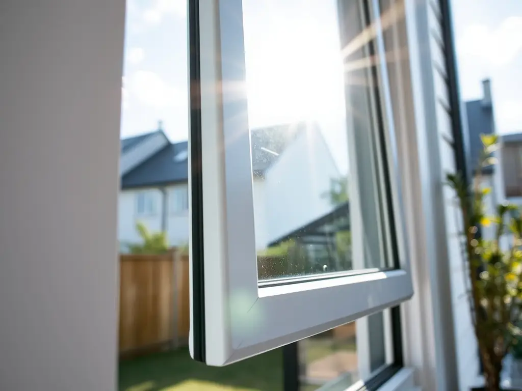 A close-up shot of a sliding window system in a residential building, highlighting its smooth operation, energy efficiency, and noise reduction capabilities.