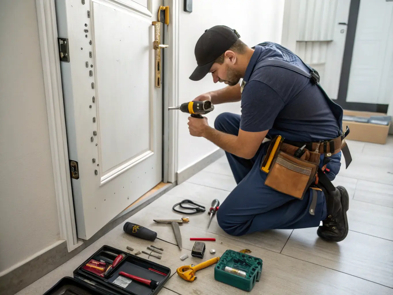 A team of Glazing Southern Solutions technicians performing maintenance on a sliding door system in a commercial building, ensuring its smooth operation and longevity.